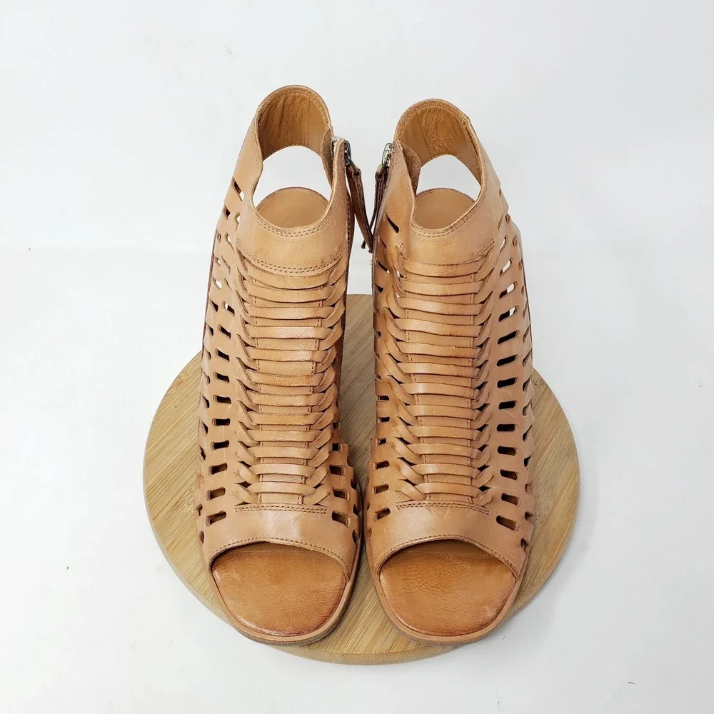 Paul Green Rosa Ankle Booties Womens 10.5 Brown Leather Woven Open Back Shoes‎